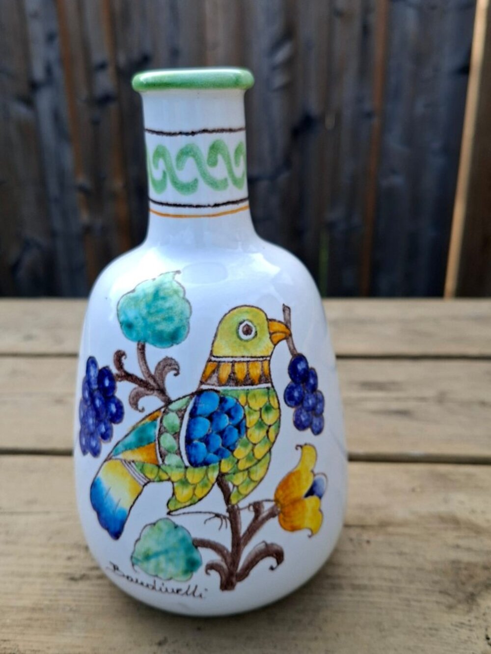 Vintage Baudiuelli Signed Italian Pottery Faience Bird Floral Vase Mid Century